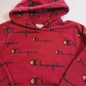 Champion Reverse Weave Red Allover Logo Hoodie Small S – Streetwear Skater Y2K